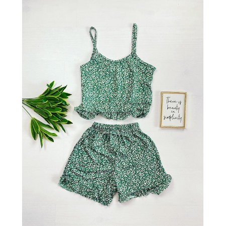Pijama dama verde ieftina scurta cu maieu cu volanase si imprimeu musetel